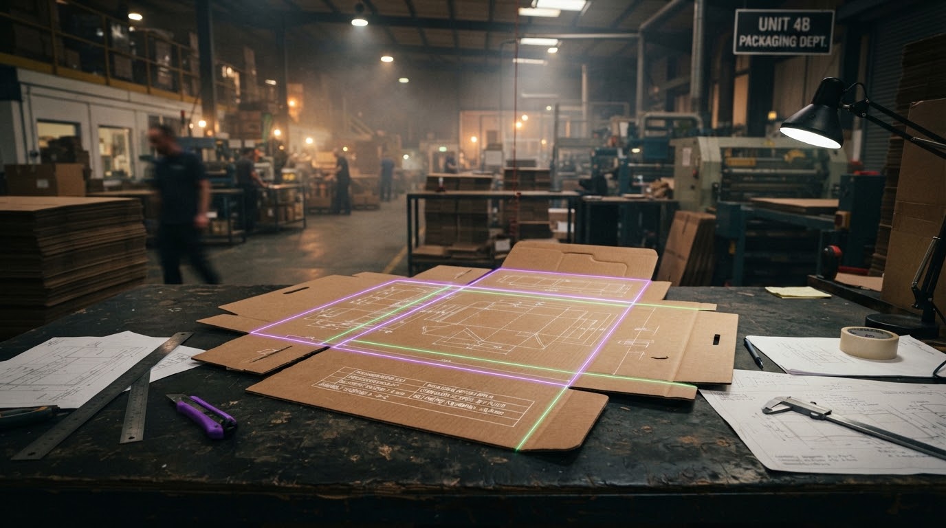 Open flat unfolded corrugated cardboard box laid out on a weathered workshop bench in a packaging department, overlaid with glowing laser CAD schematic lines