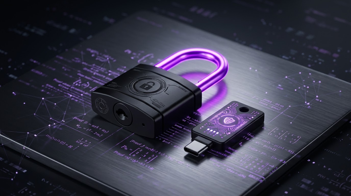 Cryptographic security USB key and open titanium padlock