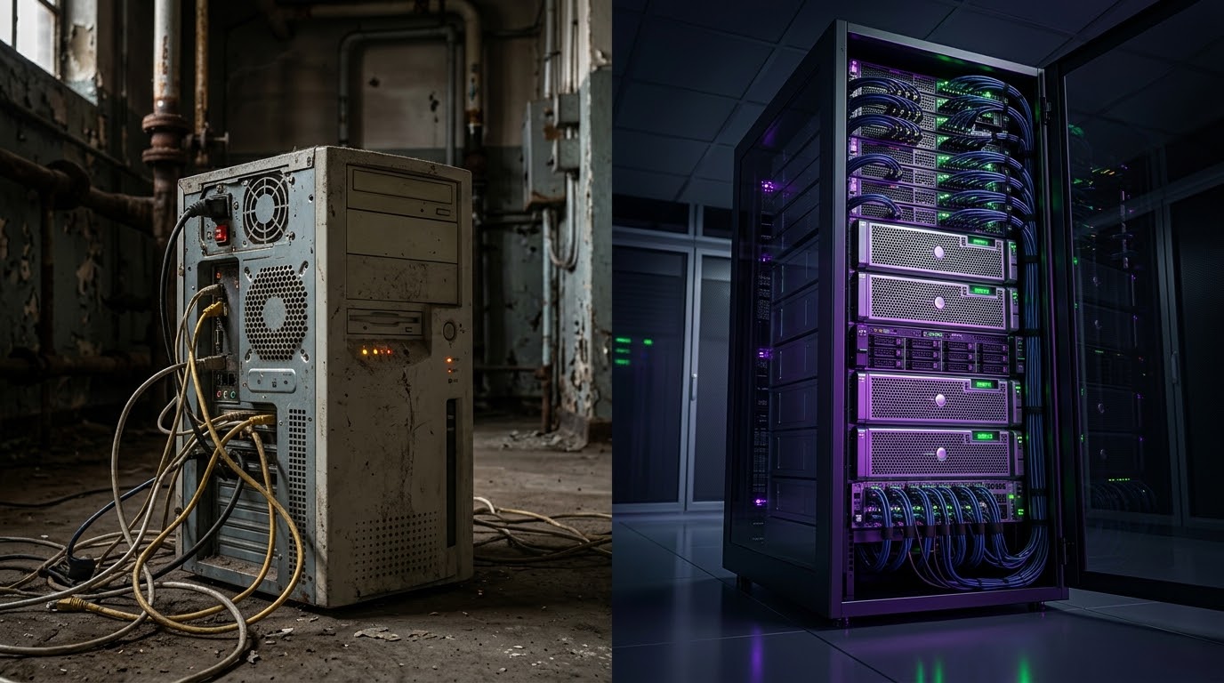 Confronto infrastrutturale: vecchio tower server 2008 in ambiente polveroso vs moderno rack sovranazionale