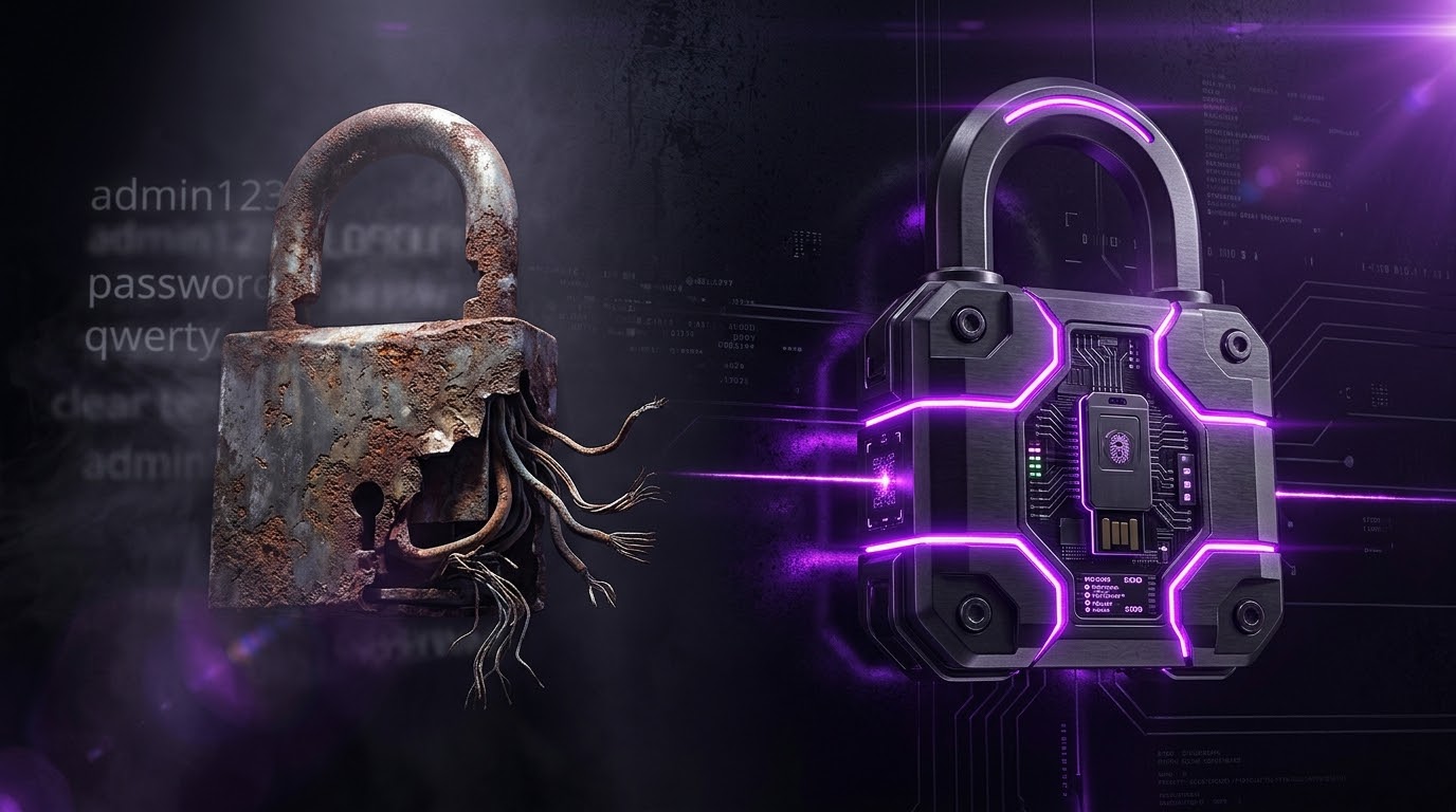 Rappresentazione sicurezza: lucchetto arrugginito con cavi scoperti e password in chiaro confrontato con lucchetto crittografico moderno in titanio con raggio viola e token hardware
