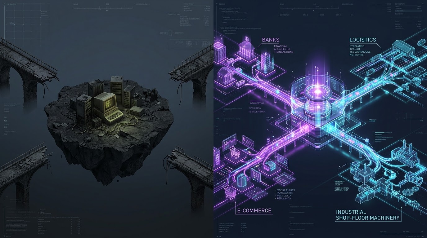Mappa concettuale: isola rocciosa con ponti crollati e CRT isolato a confronto con un'infrastruttura moderna con flussi di luce verso banche, e-commerce e robotica industriale