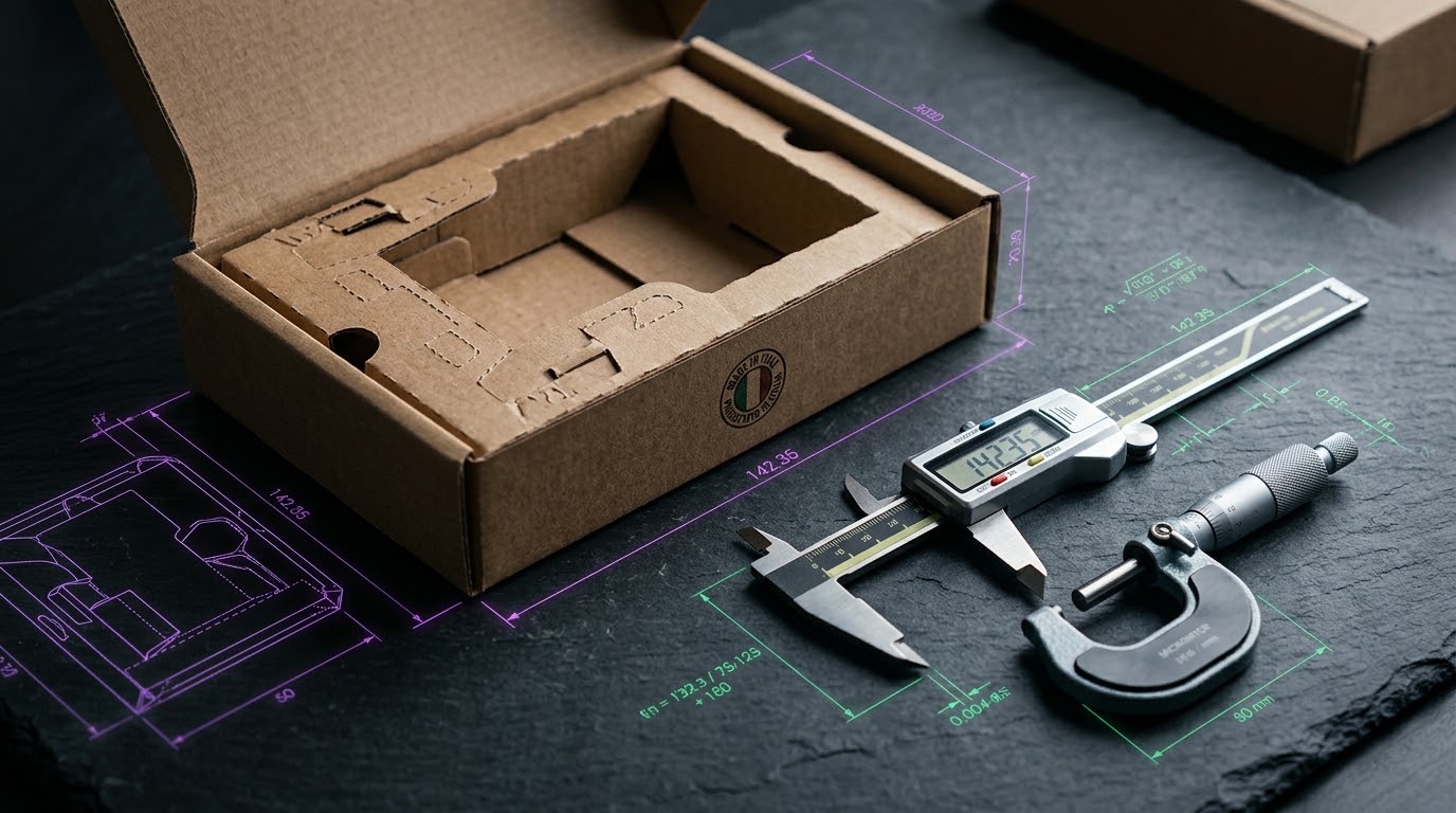 Scatola di cartone e calibro digitale di precisione